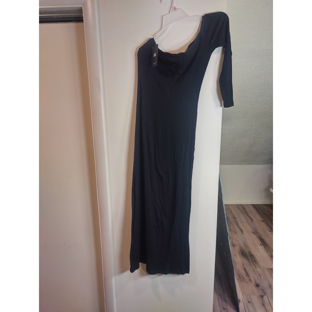 Algeman Black Ribbed One Shoulder Long Sleeve Maxi Dress with Side Slit NWT